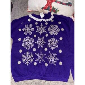 Vtg Christmas Center Aisle Girls Purple Snowflake Crewneck W/ Lace Sz L(10-12)